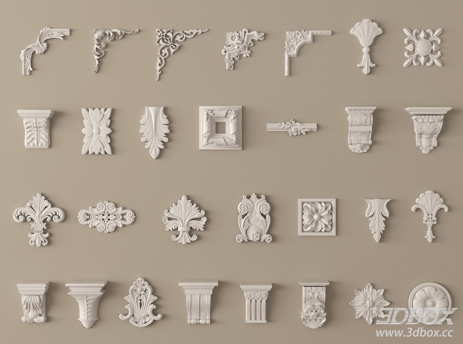 French Style Plaster Carved Ornament Set 3D model - thumbnail 1