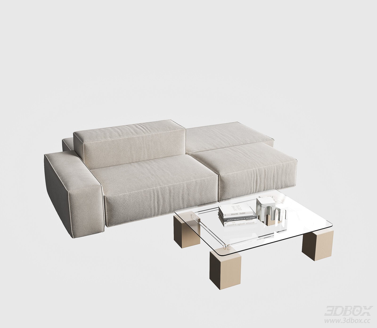 Cream Style Modular Fabric Sofa with Glass Coffee Table 3D model - front view