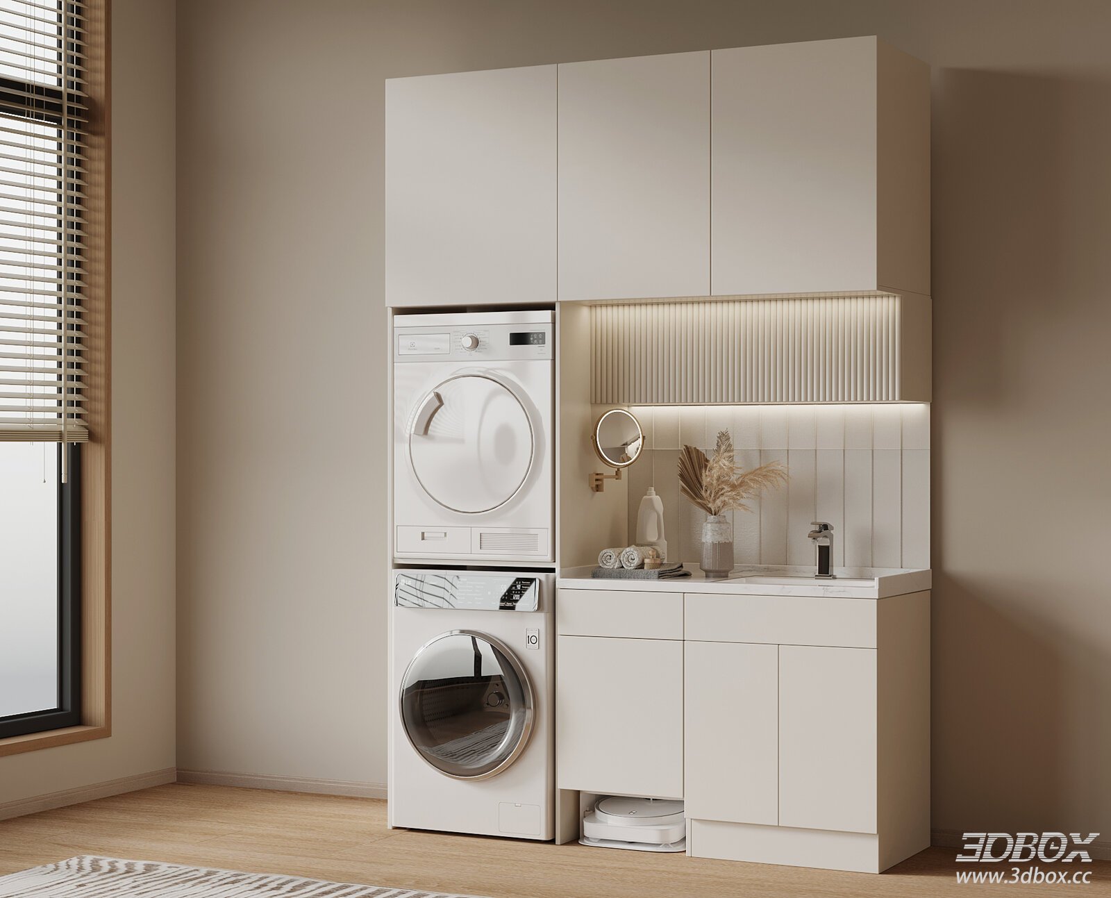 Modern Cream Style Laundry Washing Machine Balcony Cabinet 3D model - front view