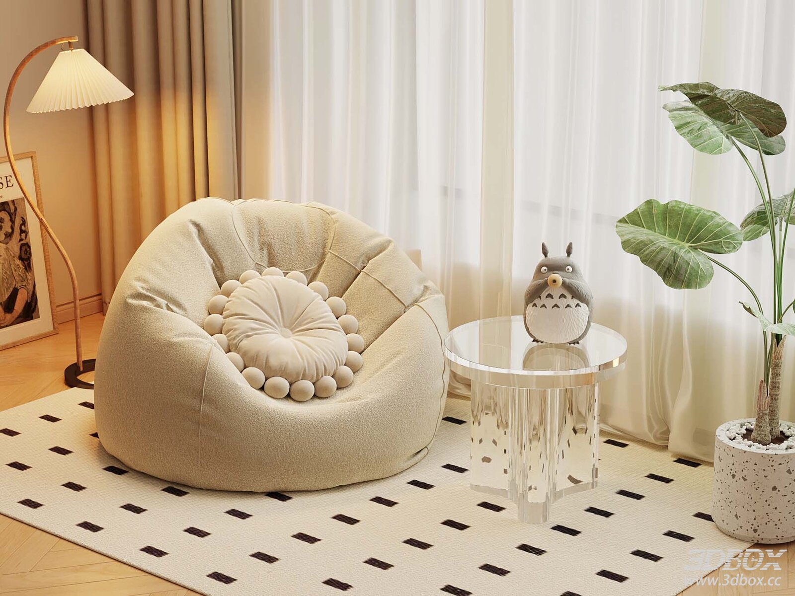 Cream Style Fabric Bean Bag Sofa with Acrylic Side Table 3D model - front view
