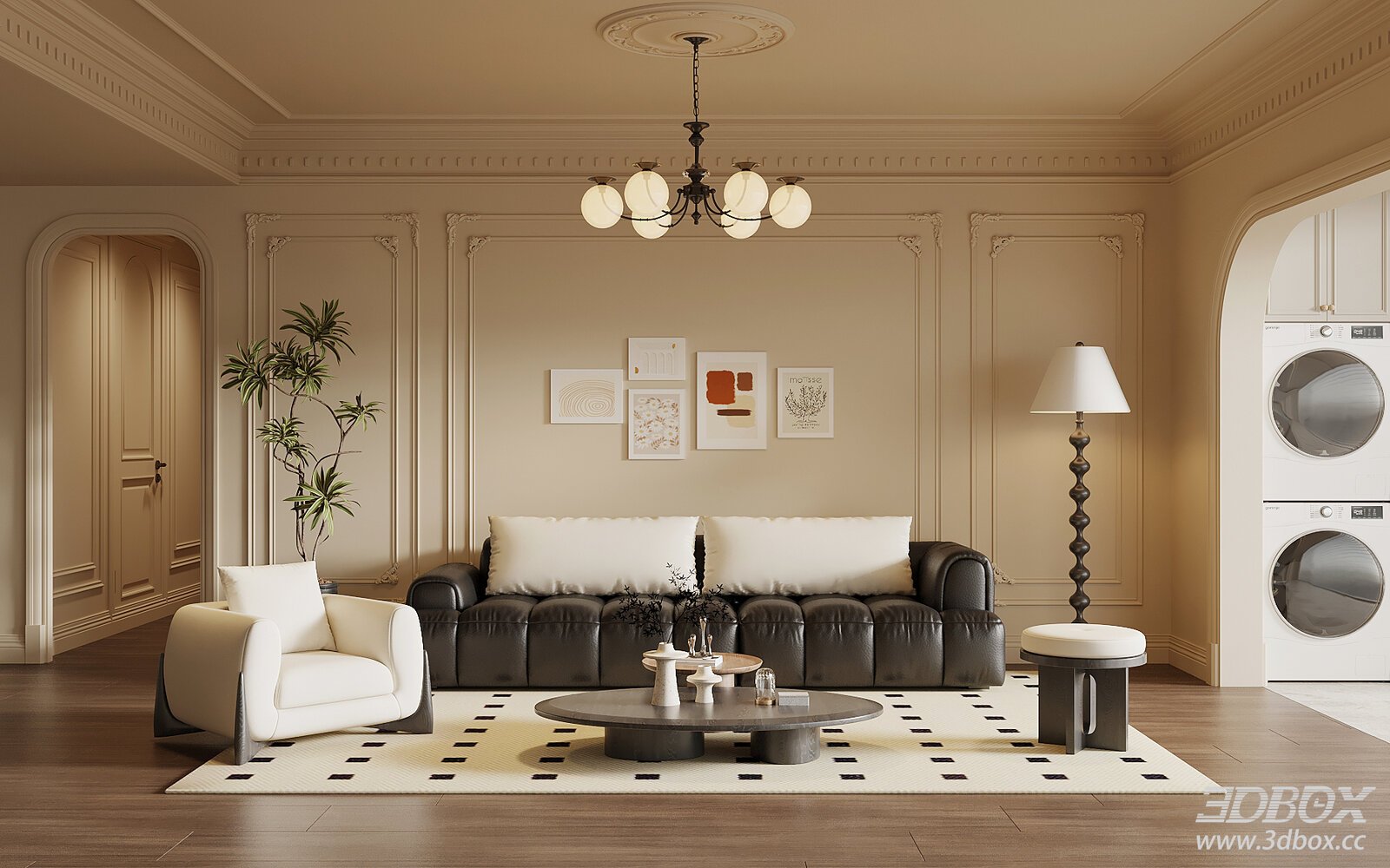 French Style Living Room with Leather Sofa and Coffee Table 3D model - front view