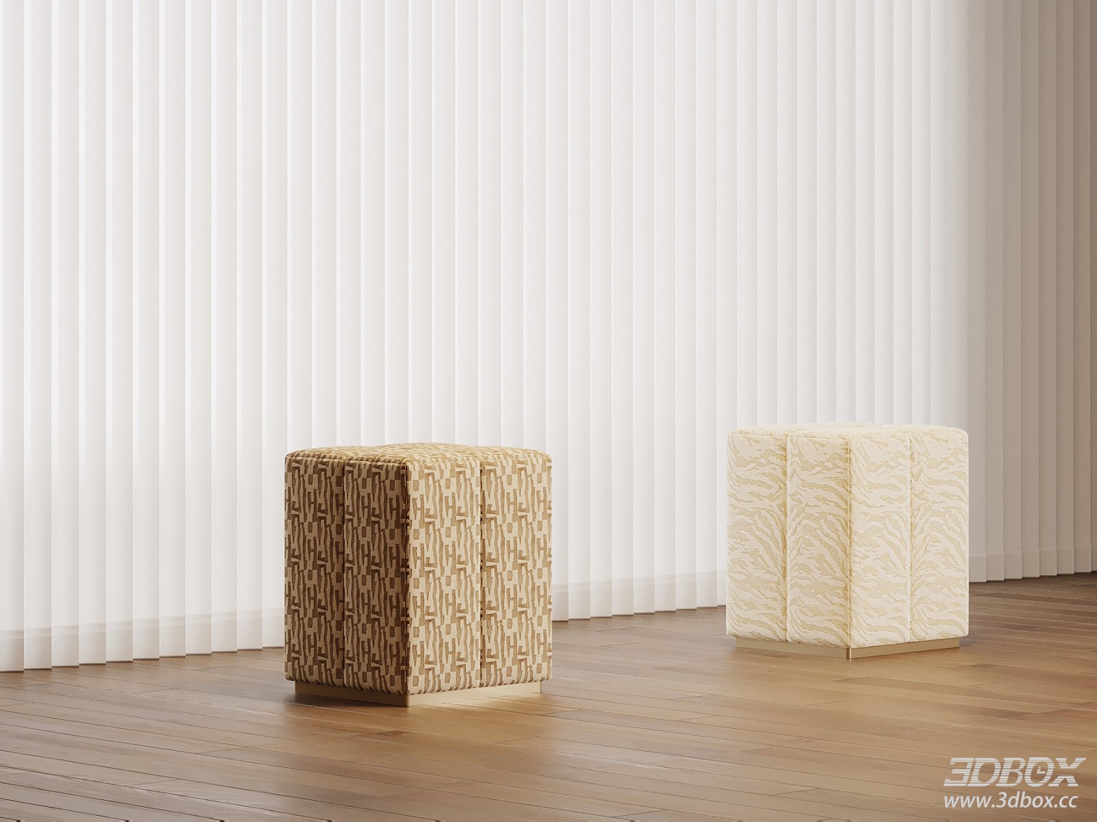 Modern Luxury Patterned Fabric Square Ottoman Stool 3D model - front view