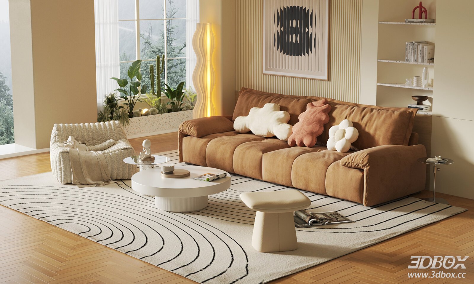 Modern Cream Style Living Room Sofa and Coffee Table Set 3D model - front view