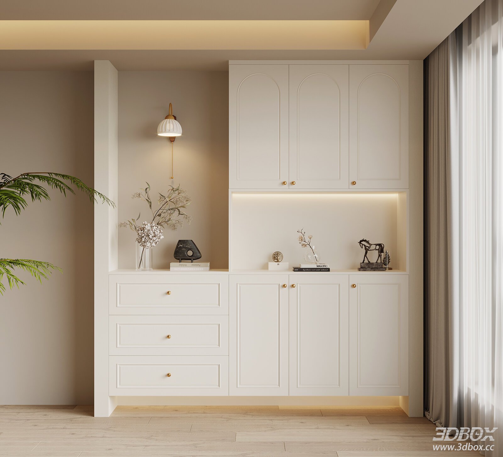 French Cream Style Entryway Shoe Cabinet Hallway Storage Unit 3D model - front view