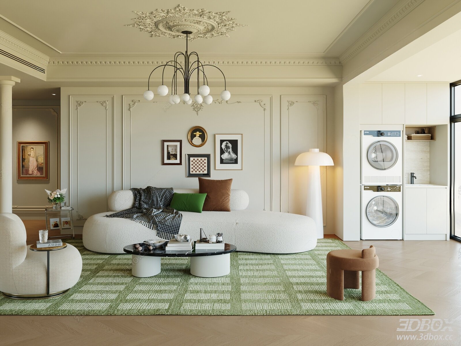 French Cream Style Modern Luxury Living Room Interior 3D model - front view