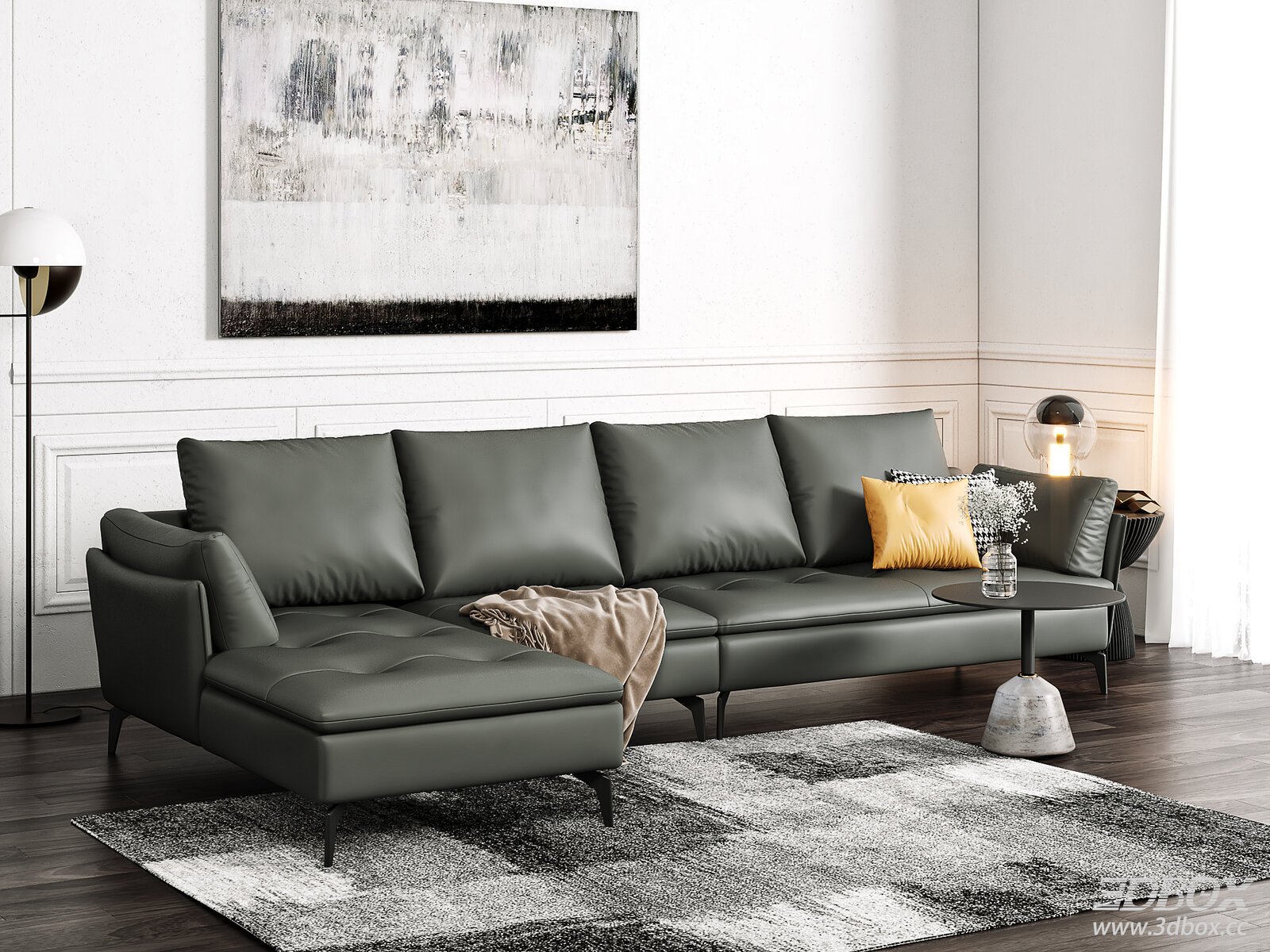 Modern L-shaped Leather Sofa Set with Chaise Lounge 3D model - front view