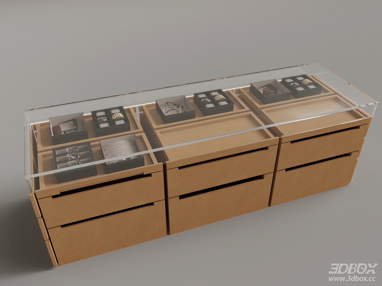 Modern Jewelry Display Cabinet with Glass Top and Drawers 3D model - front view