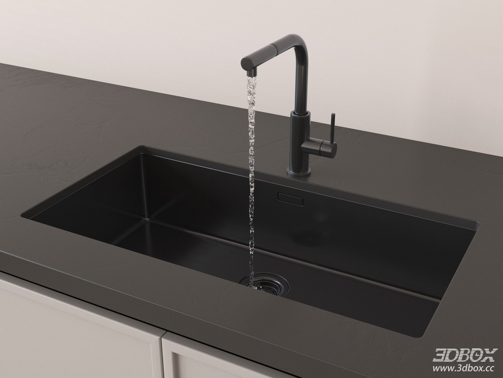 Modern Black Kitchen Sink with Matte Faucet 3D model - front view