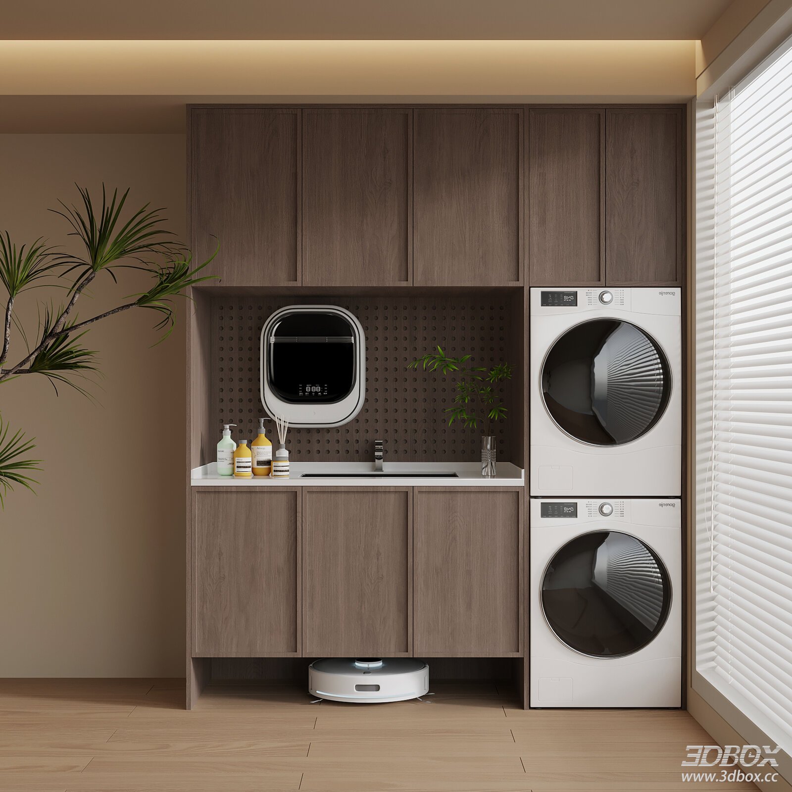 Modern Balcony Laundry Cabinet Scene with Washing Machines 3D model - front view