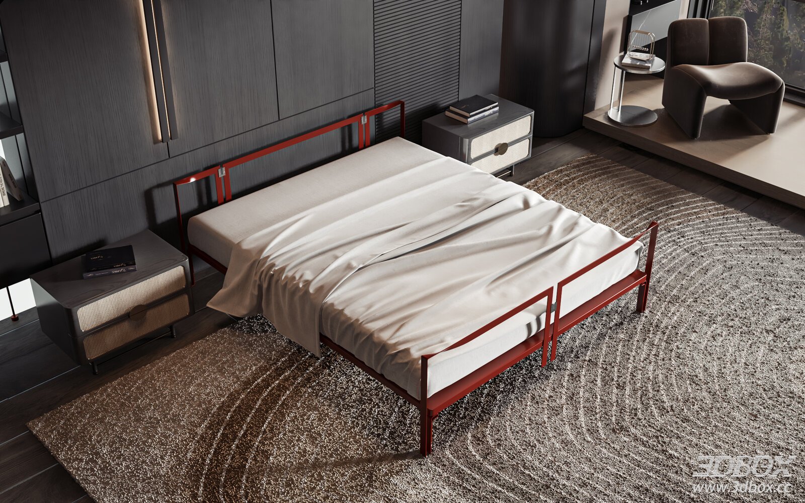 Modern Minimalist Bedroom with Double Bed and Nightstands 3D model - front view
