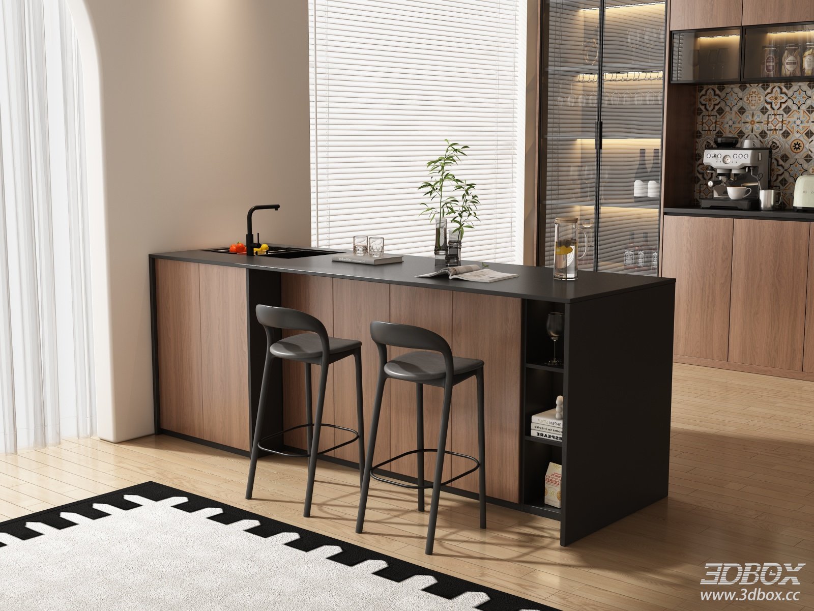 Mid Century Modern Kitchen Island Dining Bar Scene 3D model - front view