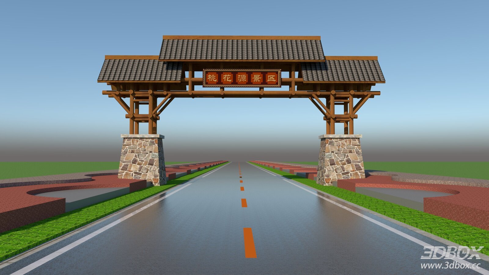 Traditional Scenic Area Entrance Archway Architecture 3D model - front view