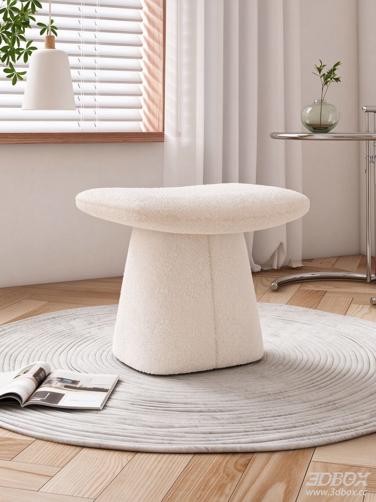Modern Fluffy Fabric White Coffee Table 3D model - front view