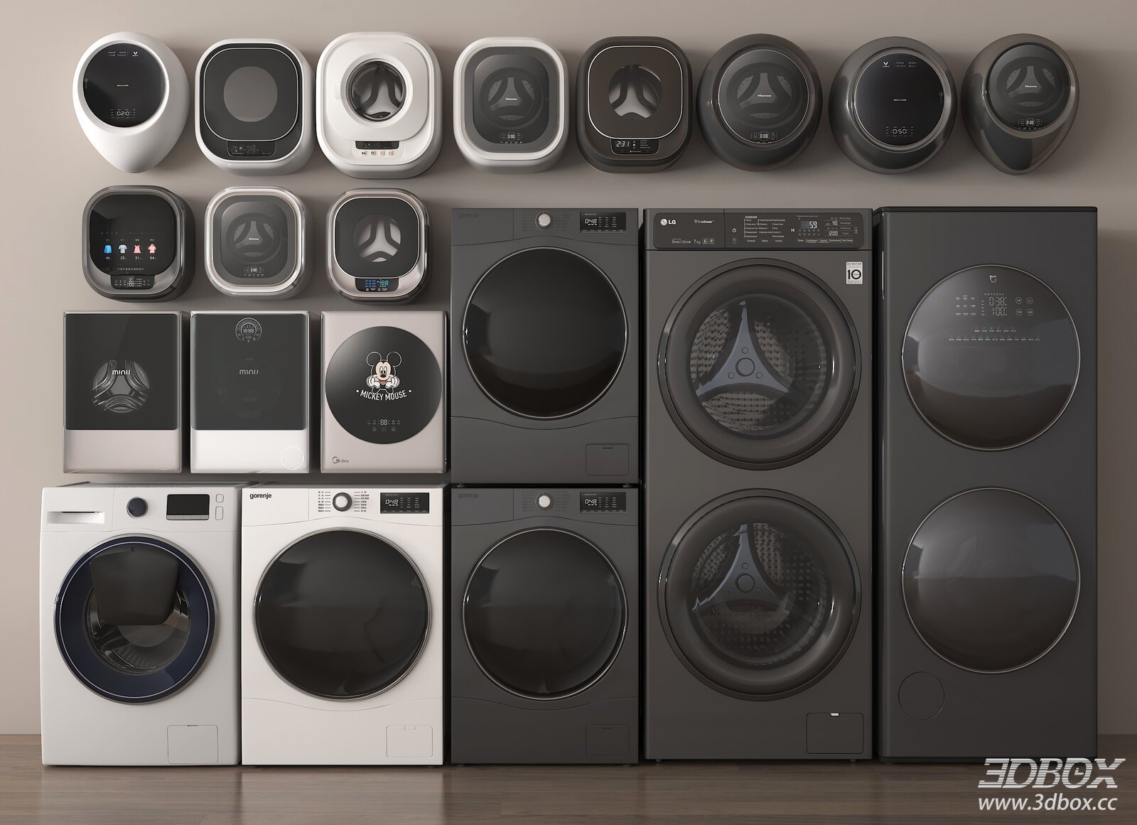 Modern Washing Machine Set, Drum Washer, Washer Dryer Combo 3D model - front view