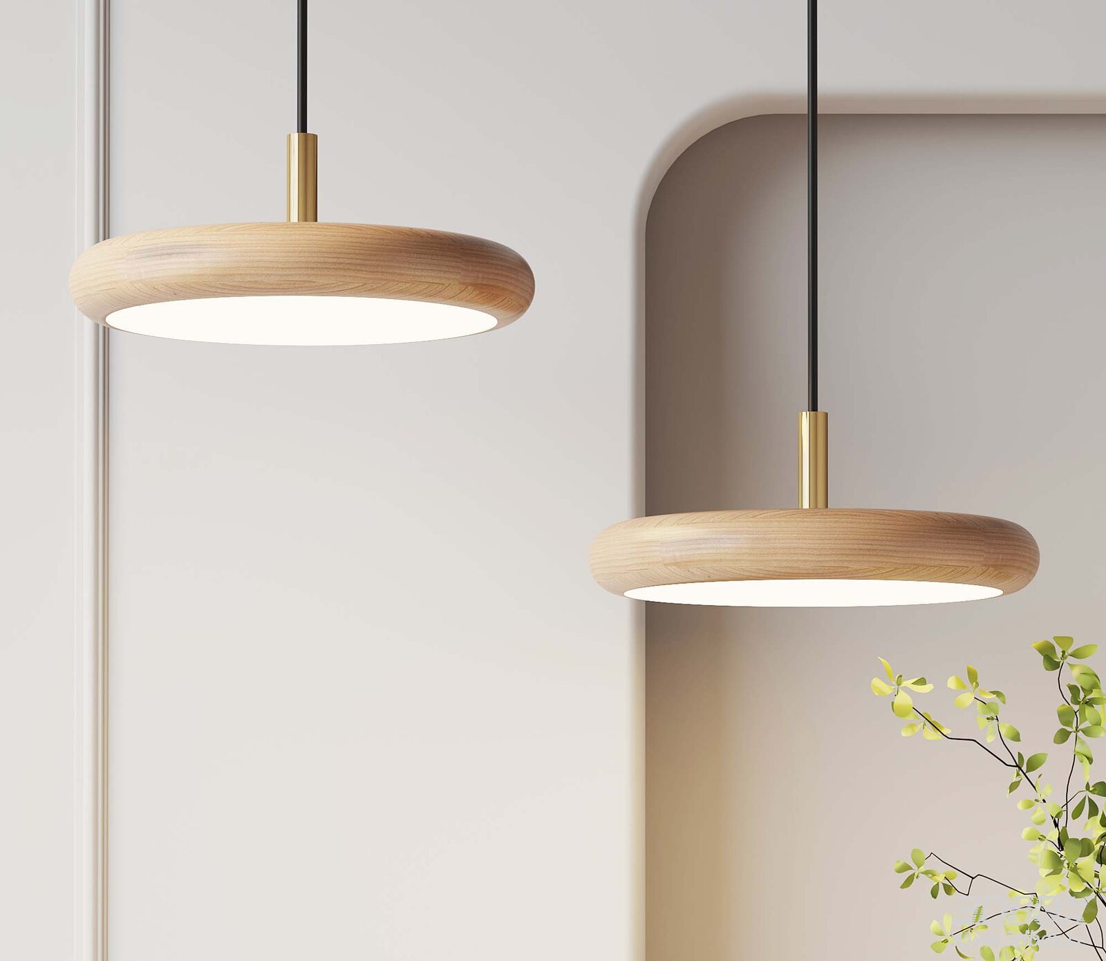 Wabi Sabi Wooden Pendant Ceiling Lamp with Brass Detail 3D model - front view