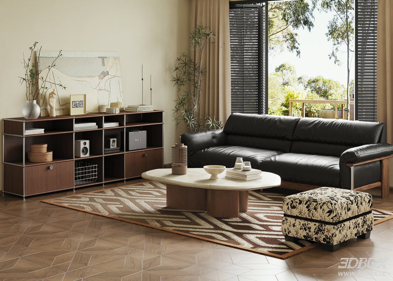 Wabi Sabi Vintage French Style Living Room Scene 3D model - front view