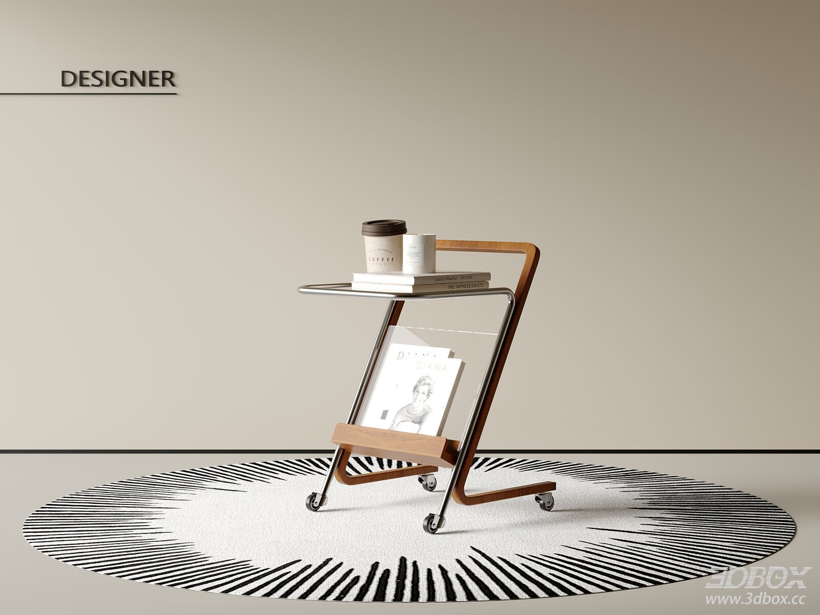 Vintage Mobile Wooden Metal Side Table with Magazine Rack 3D model - front view
