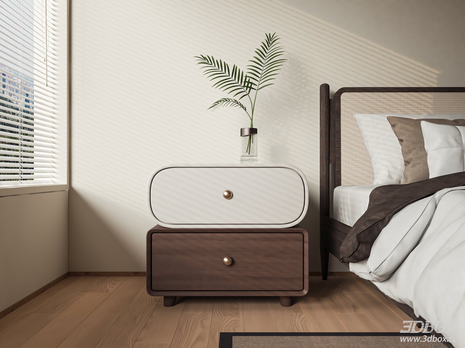 Mid-century Modern Wooden Nightstand with Drawers 3D model - front view