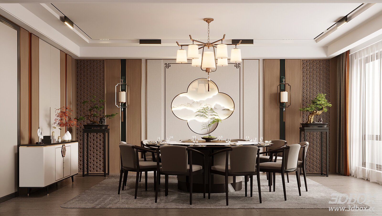 New Chinese Style Hotel Private Dining Room Scene 3D model - front view