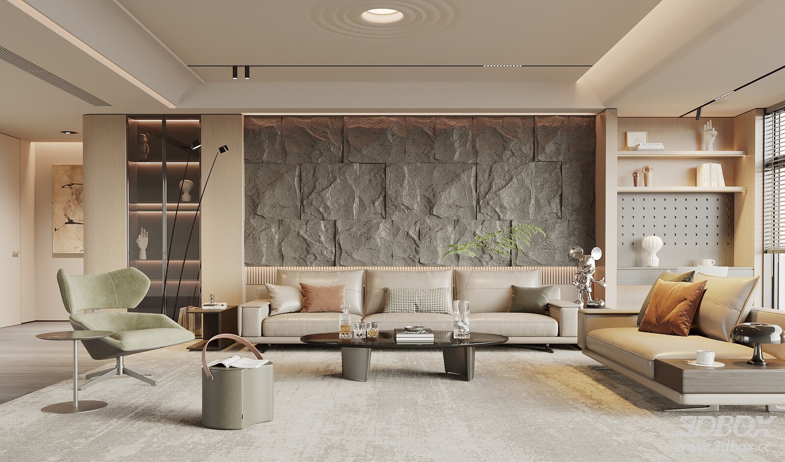 Wabi Sabi Mid Century Modern Living Room Interior Scene 3D model - front view
