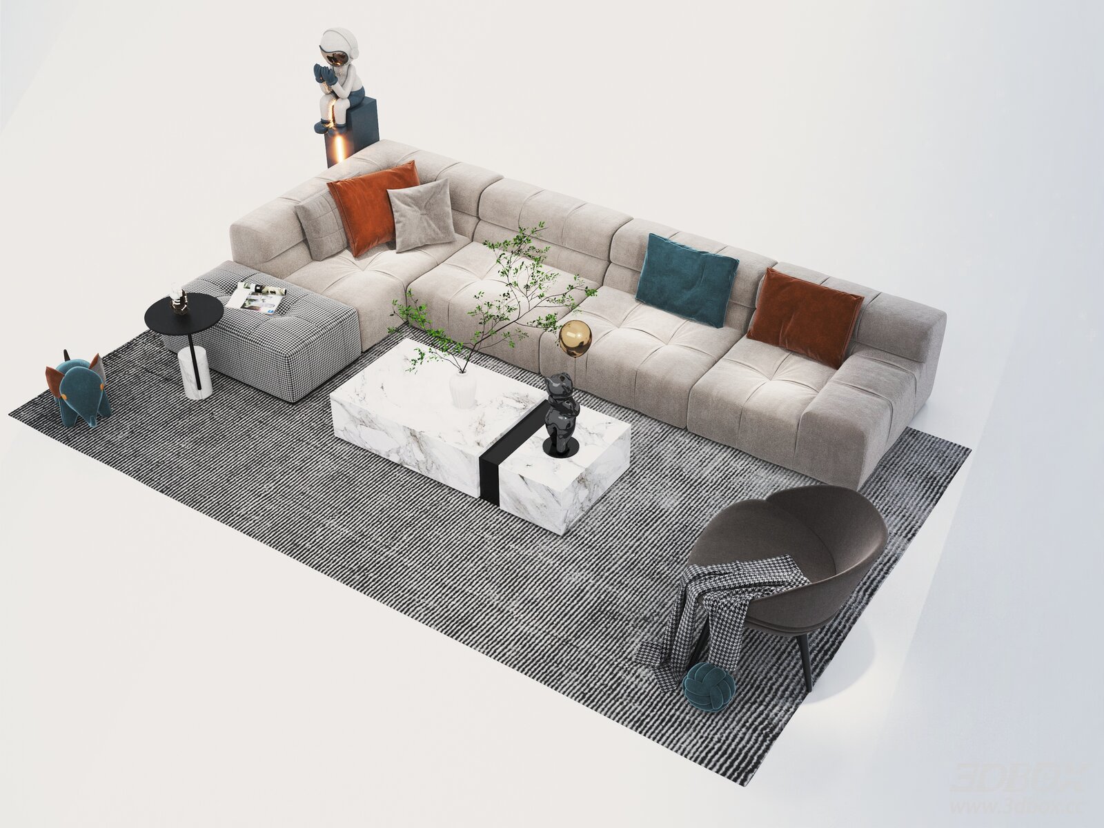 Modern Velvet Sofa Set with Marble Coffee Table and Armchair 3D model - front view