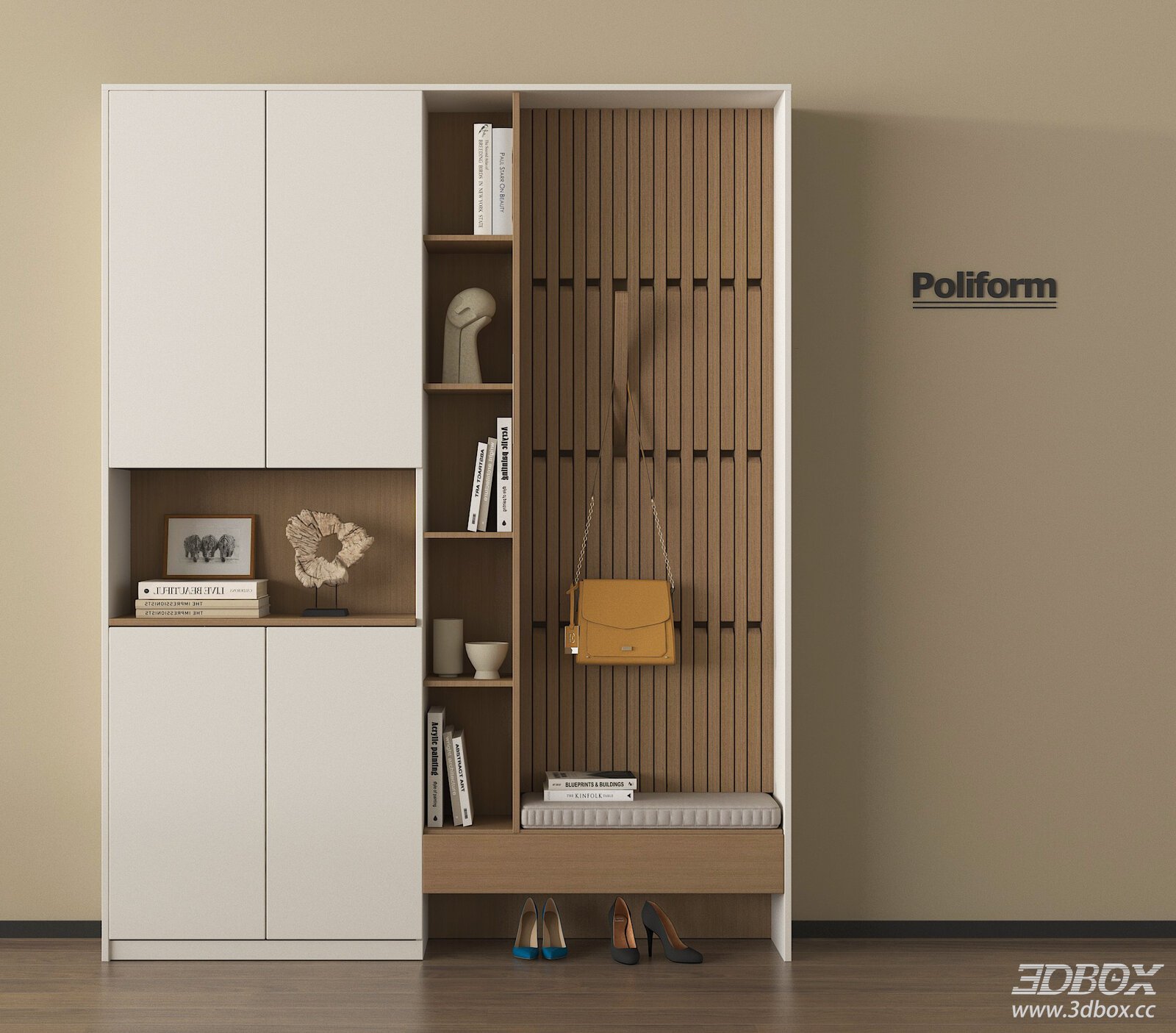Modern Hallway Shoe Cabinet with Changing Bench and Decor Shelf 3D model - front view