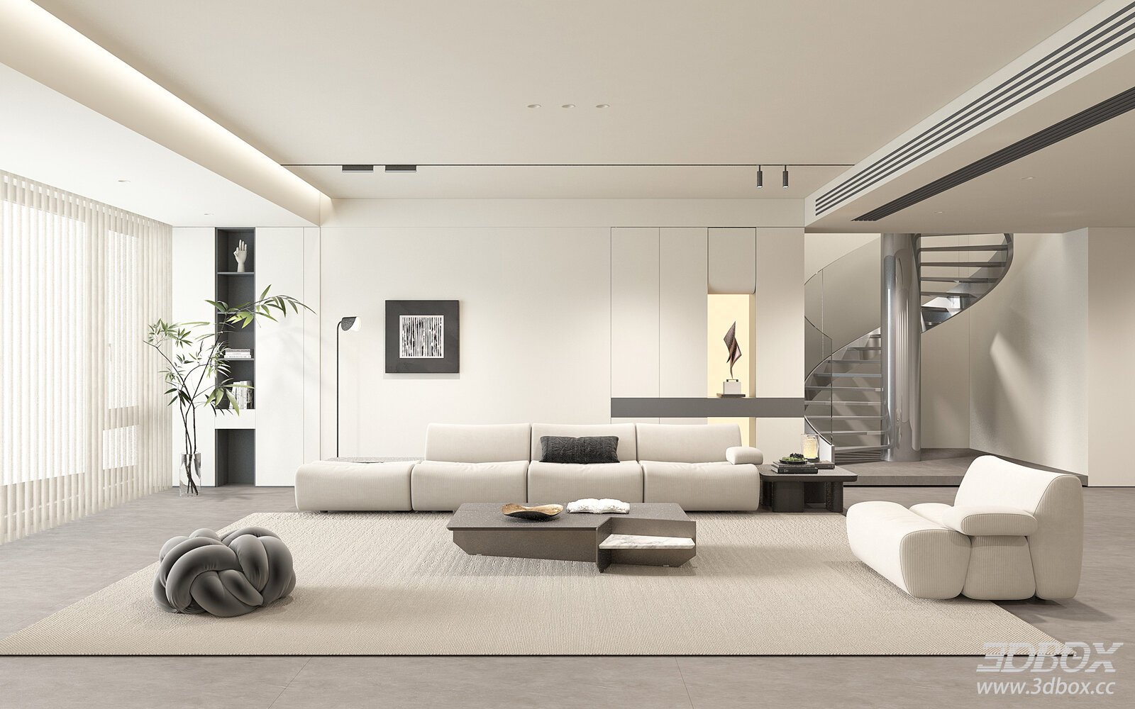Modern Minimalist Cream Style Living Room Interior 3D model - front view