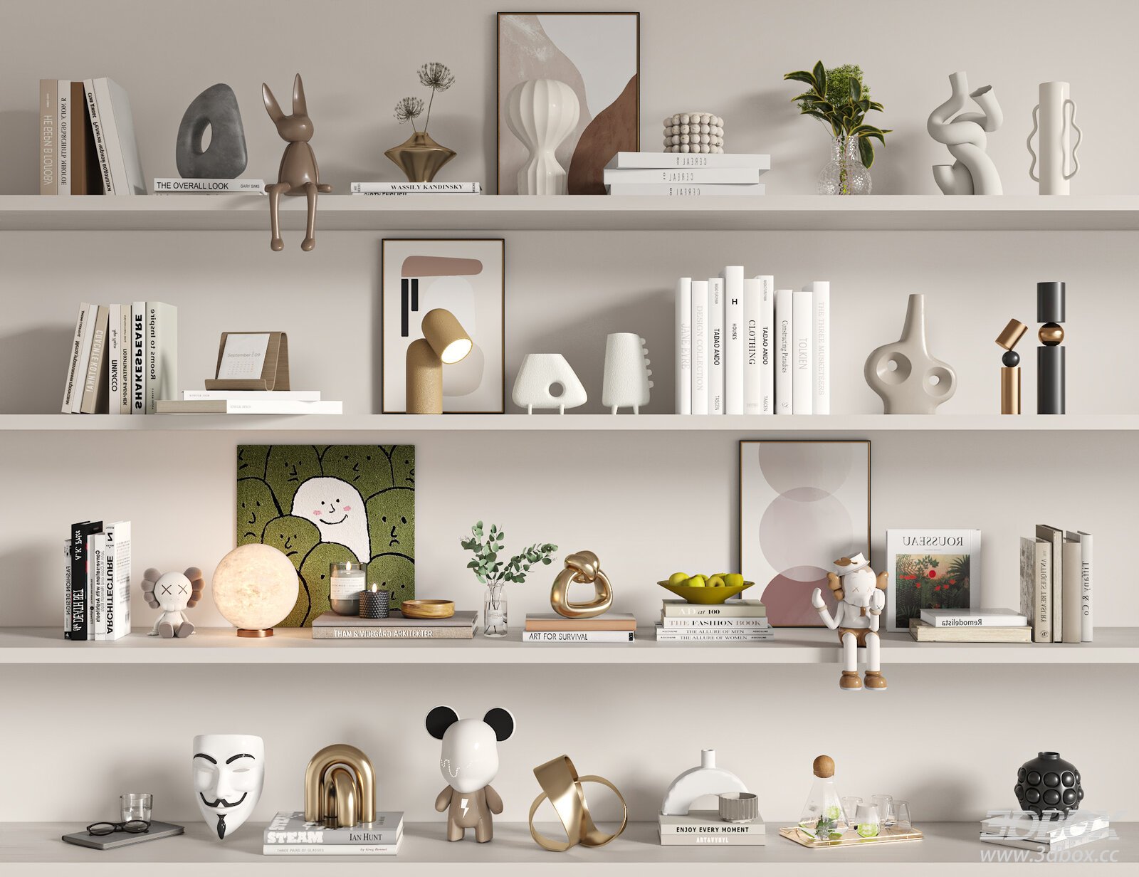 Modern Decorative Set with Books Sculptures Vases and Lamps 3D model - front view