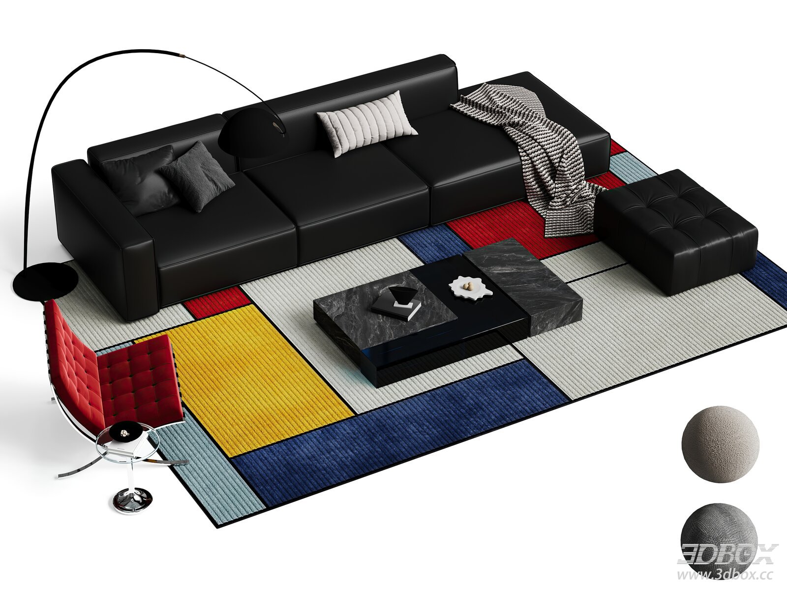 Modern Black Leather Sofa Set with Marble Coffee Table 3D model - front view