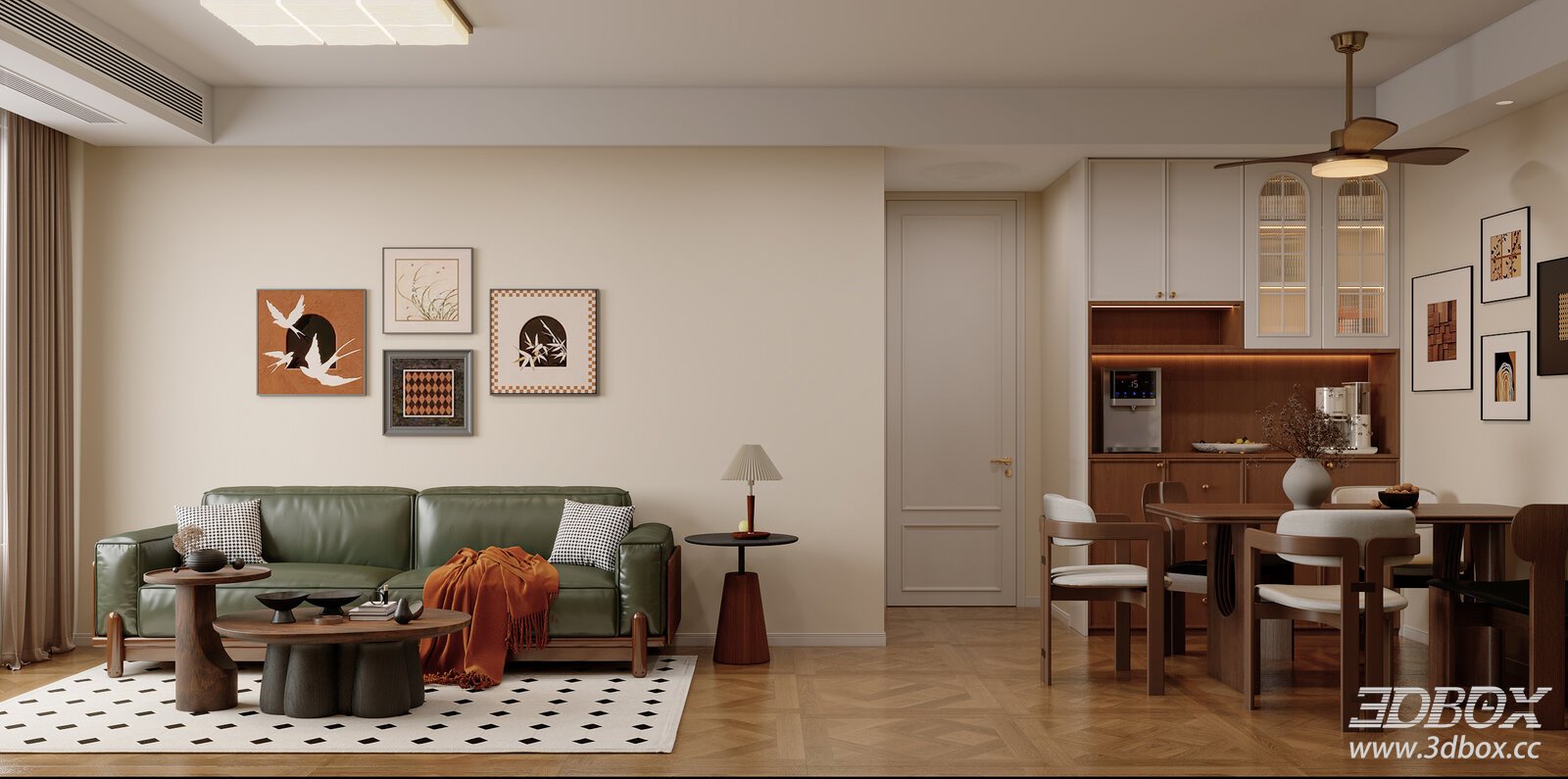 Mid-century Cream Style Living and Dining Room Interior 3D model - front view