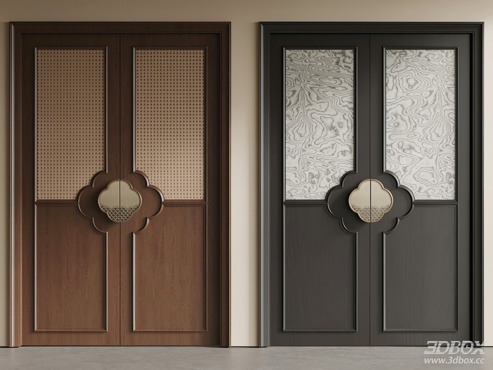 New Chinese Style Double Interior Wooden Doors Set 3D model - front view