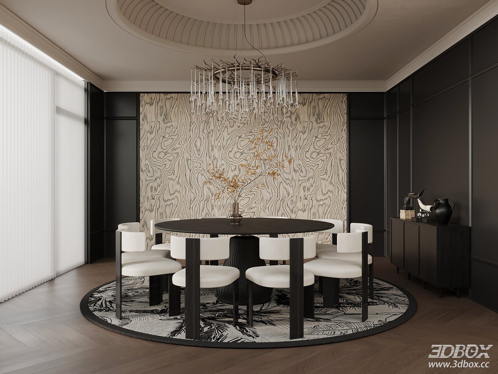 Luxury French Style Private Dining Room with Round Table and Chairs 3D model - front view