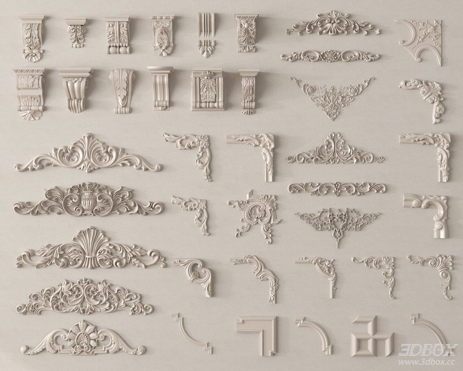Classic Carved Decorative Plaster Ornament Set 3D model - front view
