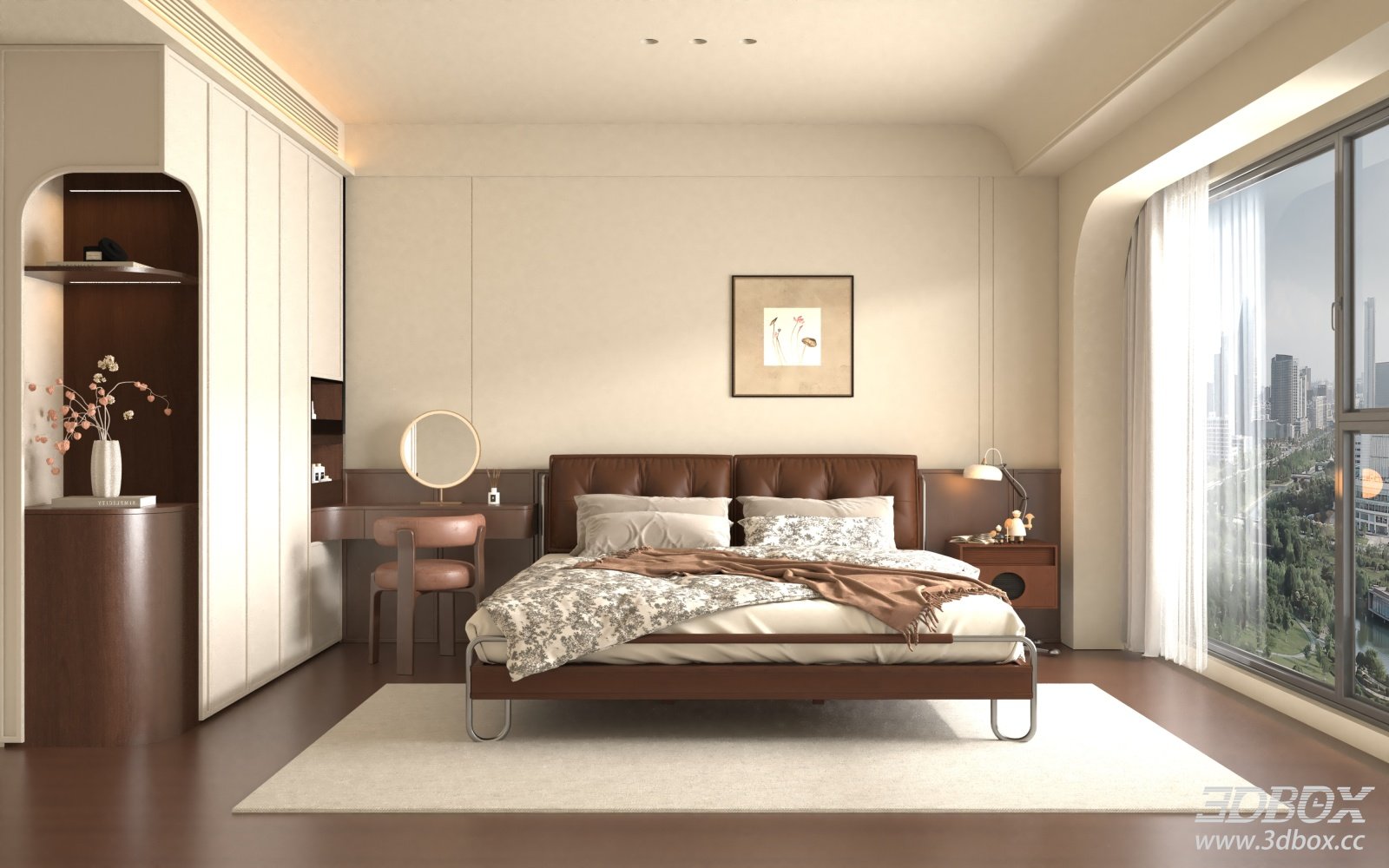 Mid Century Modern Bedroom Interior Scene 3D model - front view