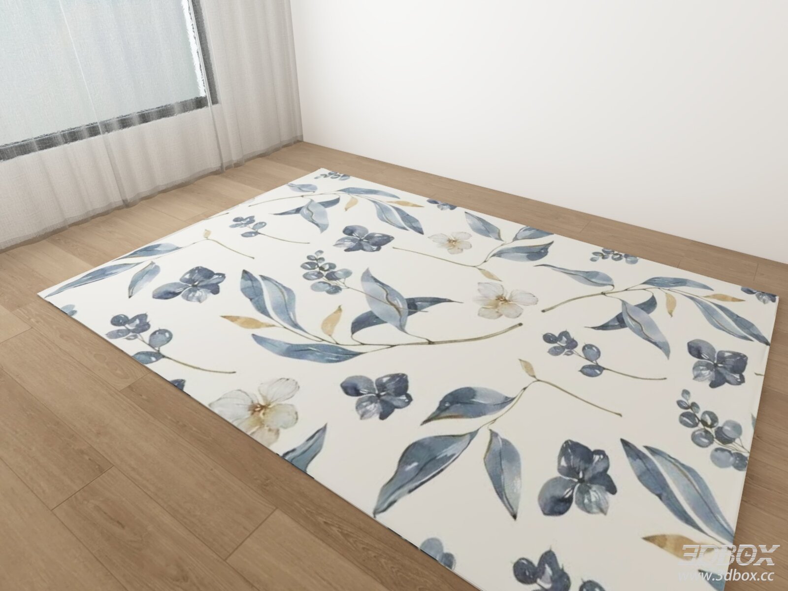 Watercolor Blue Floral Leaf Pattern Carpet 3D model - front view