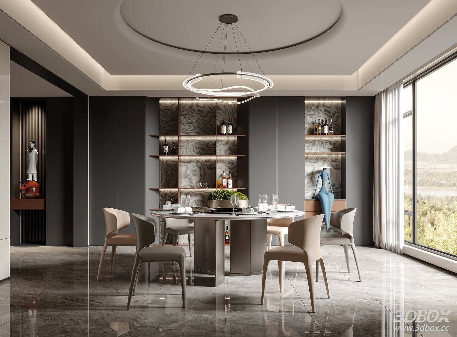 Modern Italian Style Luxury Dining Room Interior 3D model - front view