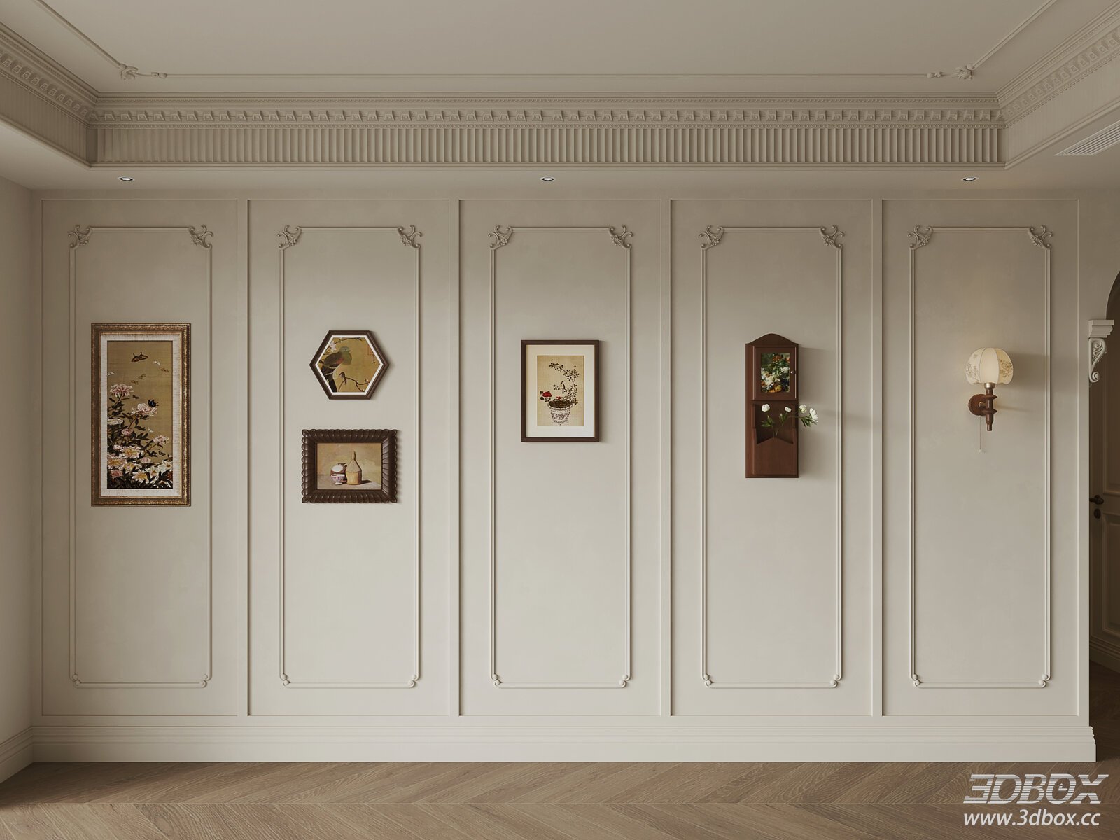 French style plaster line wall panel interior scene 3D model - front view
