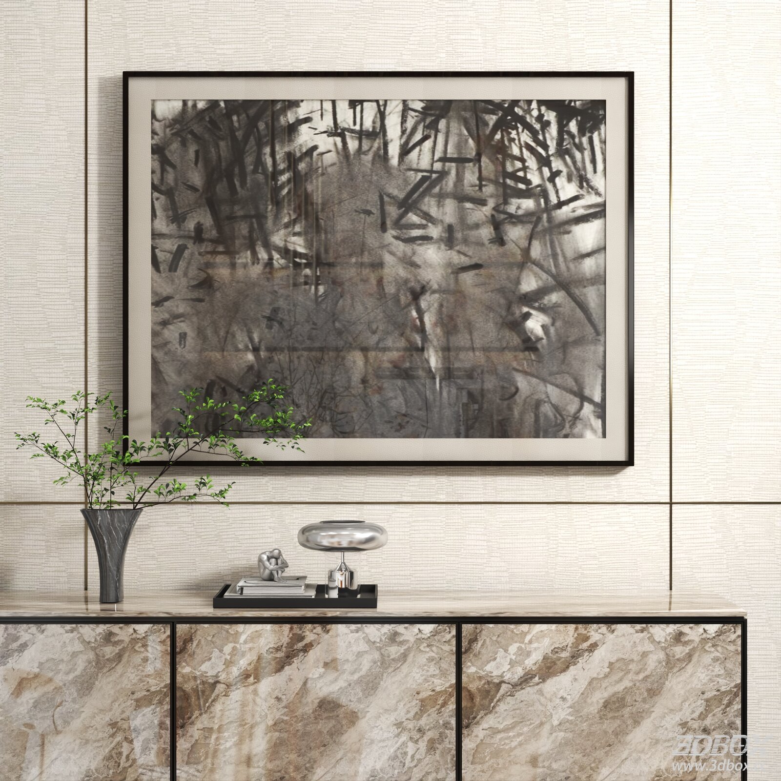 Monochrome Abstract Framed Wall Art Decor 3D model - front view