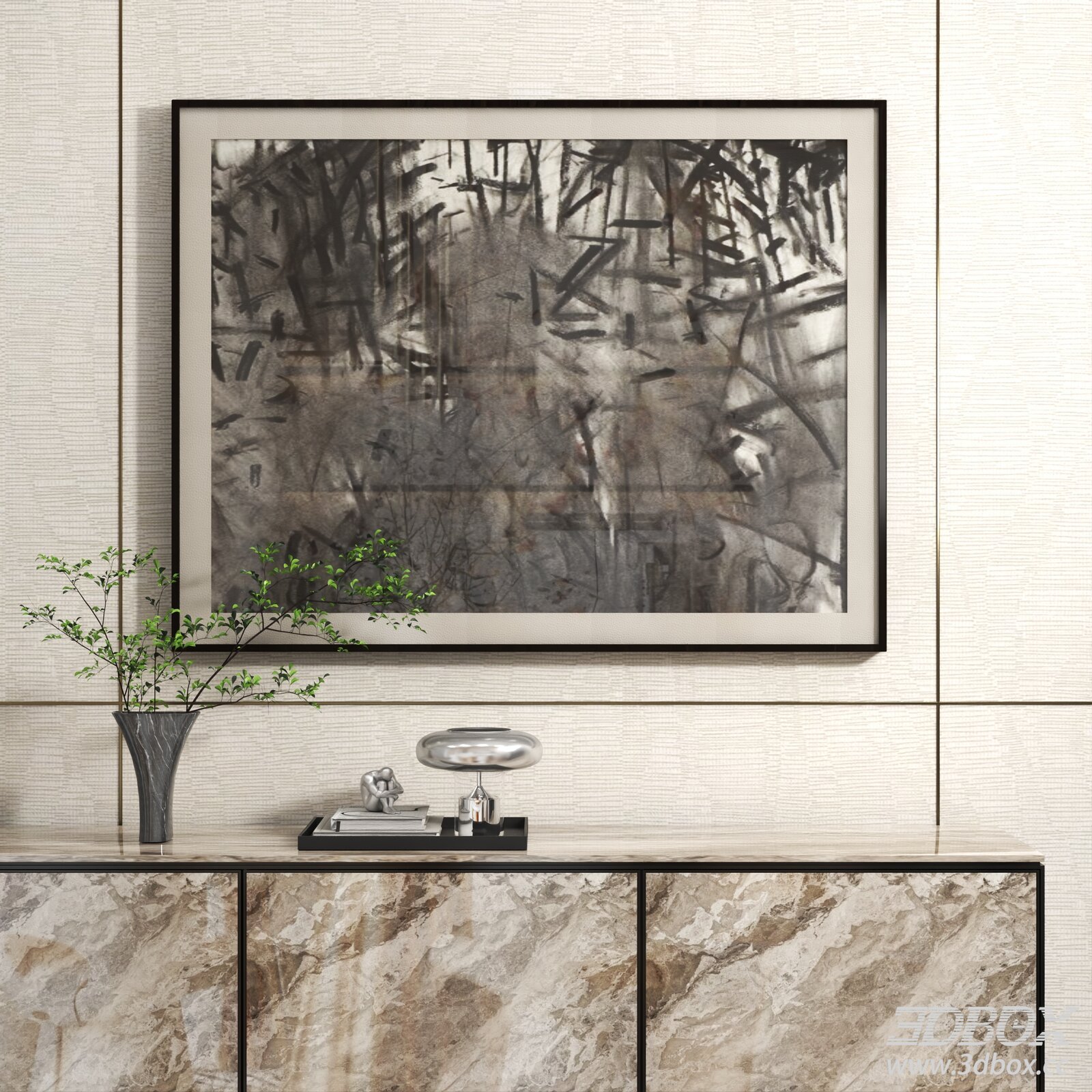 Monochrome Abstract Framed Wall Art Decor 3D model - thumbnail 1