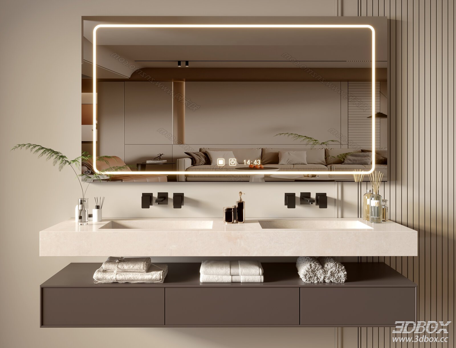 Modern Double Sink Bathroom Vanity with Backlit Mirror 3D model - front view