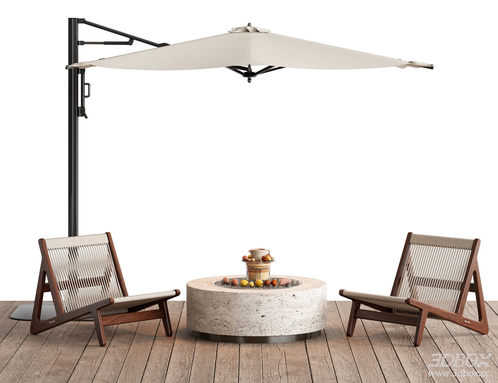 Modern Outdoor Patio Fire Pit Seating Set with Cantilever Umbrella 3D model - front view