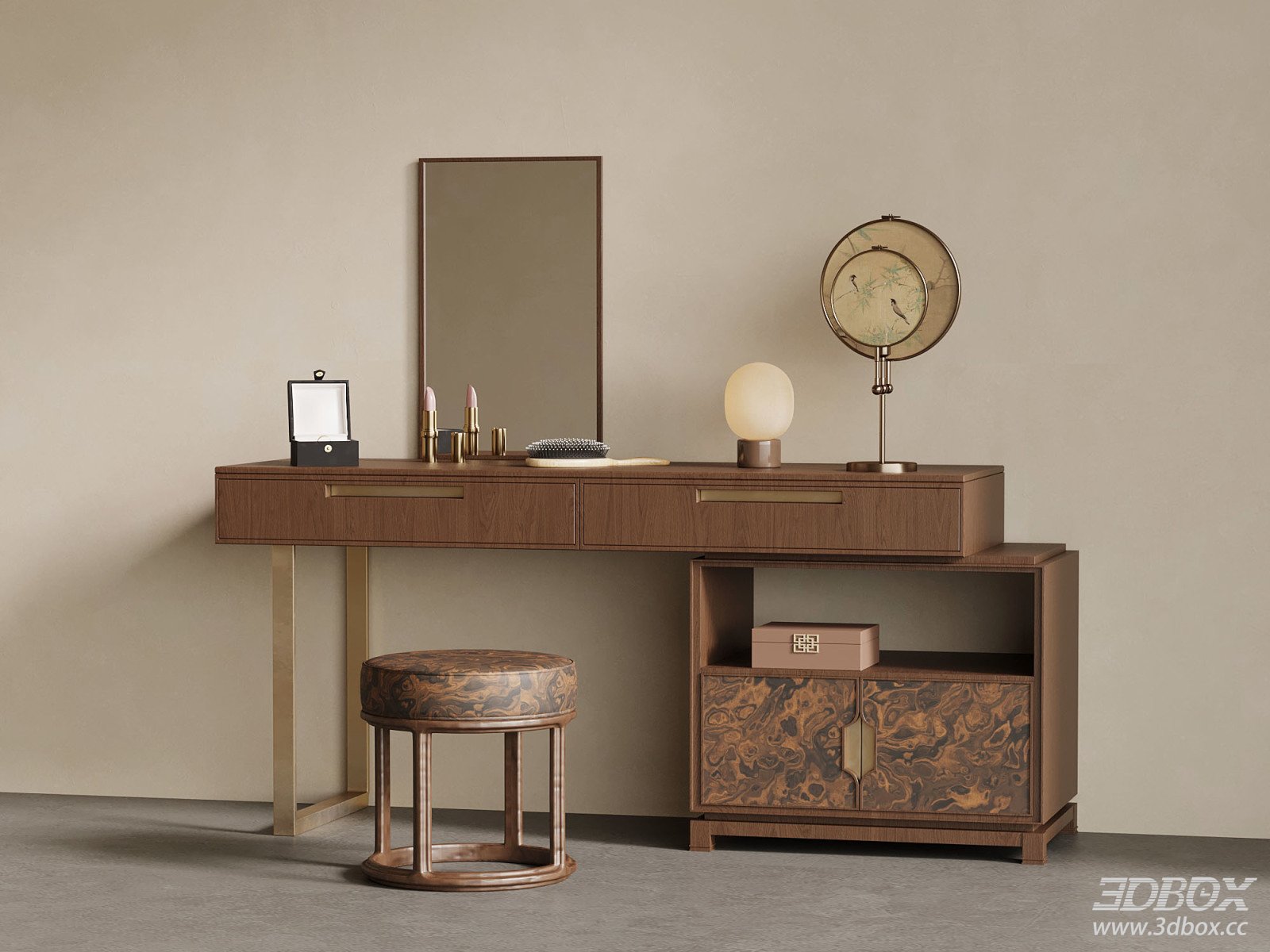 Luxury New Chinese Style Wooden Dressing Table Set 3D model - front view