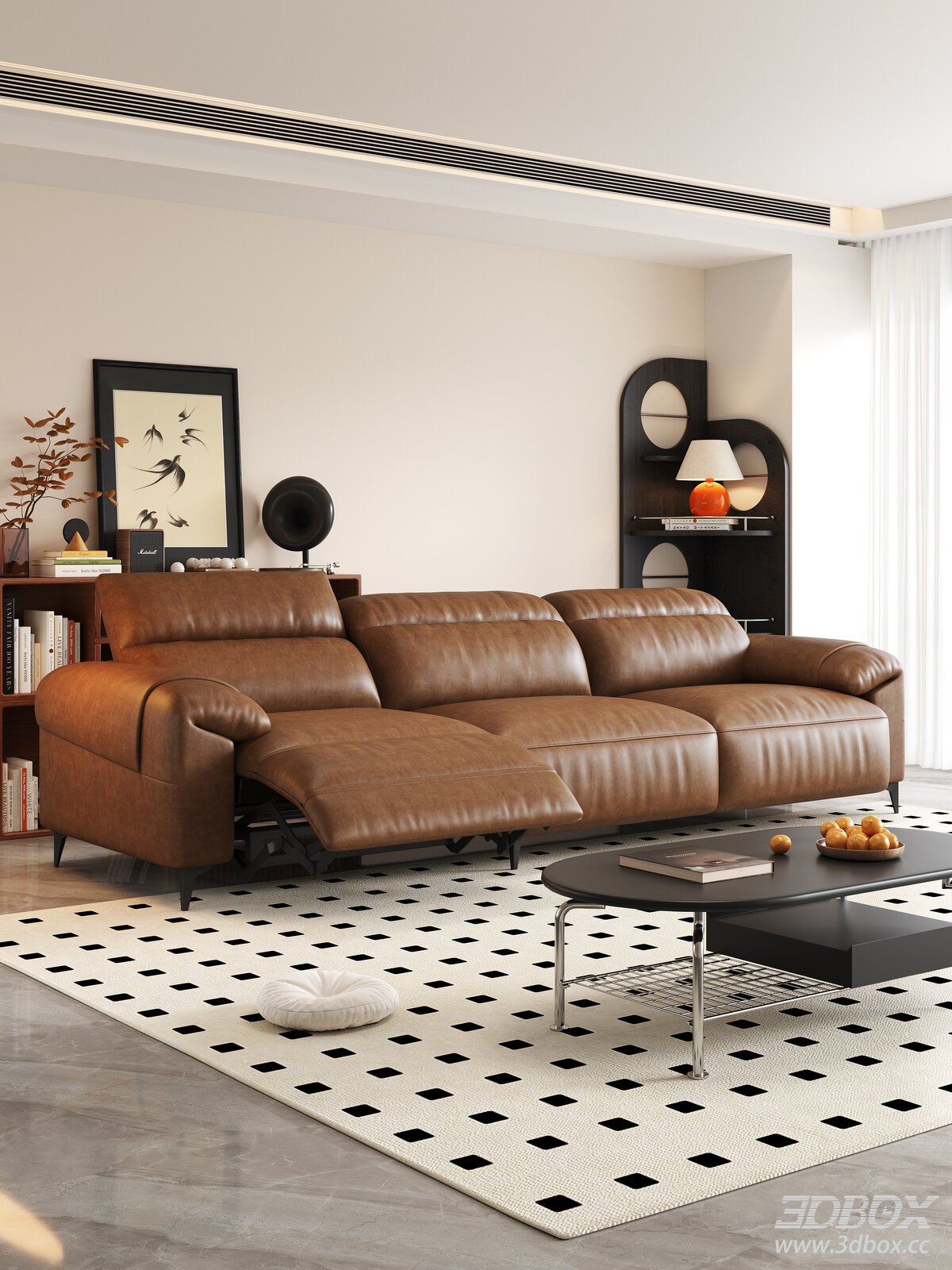 Mid Century Modern Brown Leather Recliner Sofa Set 3D model - front view