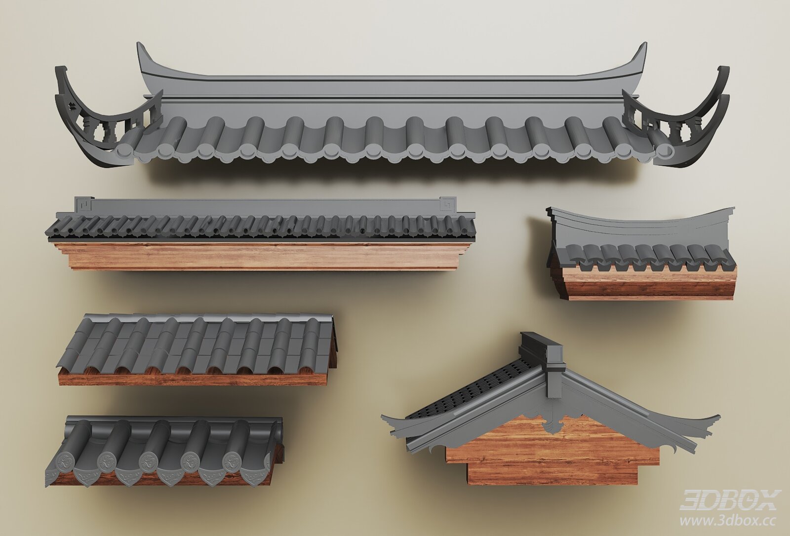 Chinese Traditional Eave Roof Tiles Facade Elements Set 3D model - front view