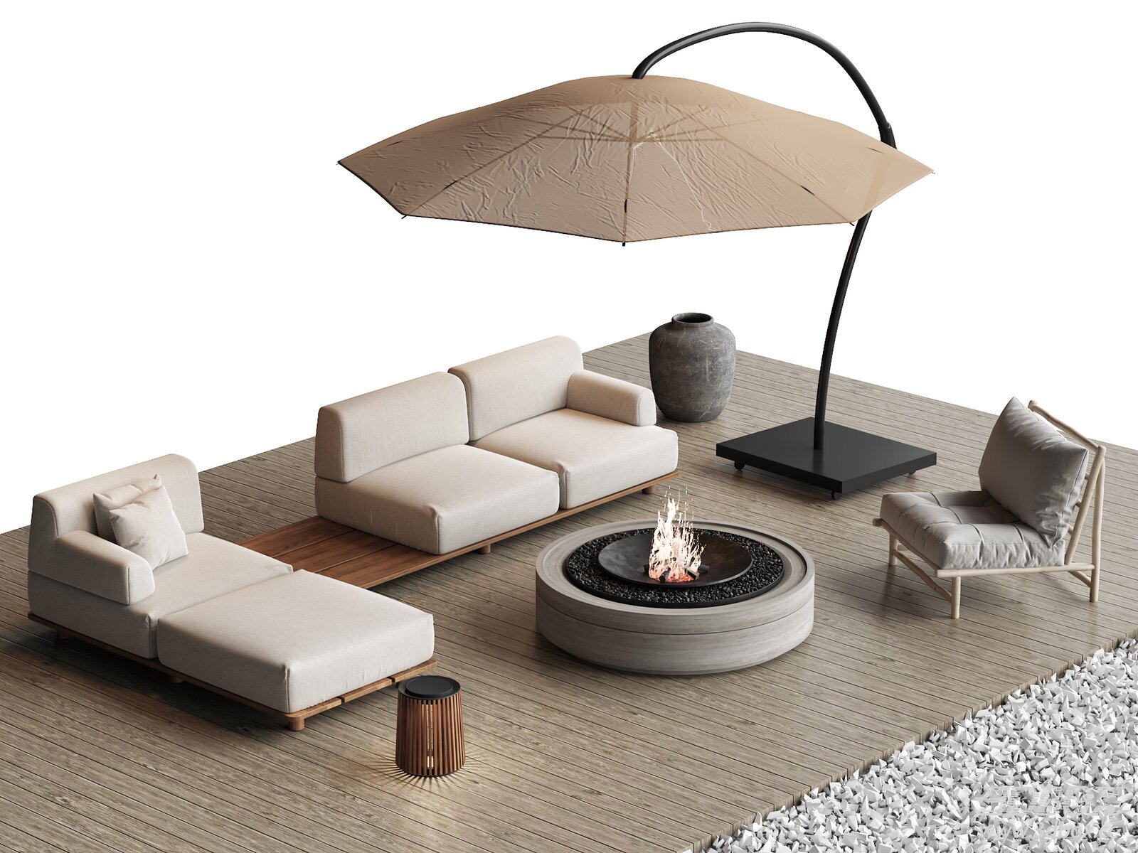 Modern Outdoor Patio Furniture Set with Fire Pit and Parasol 3D model - front view