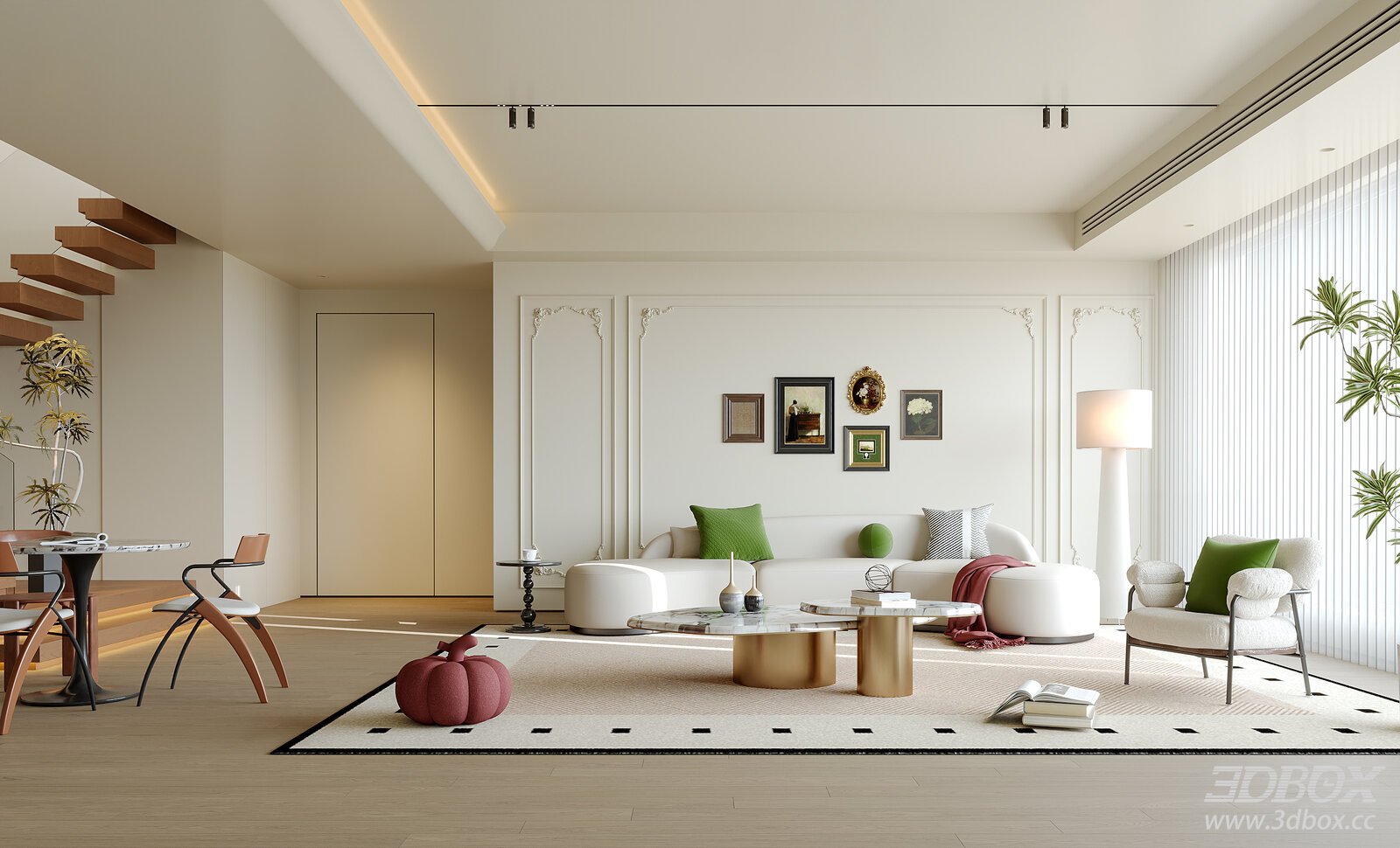 Modern French Style Living Room Interior Scene 3D model - front view