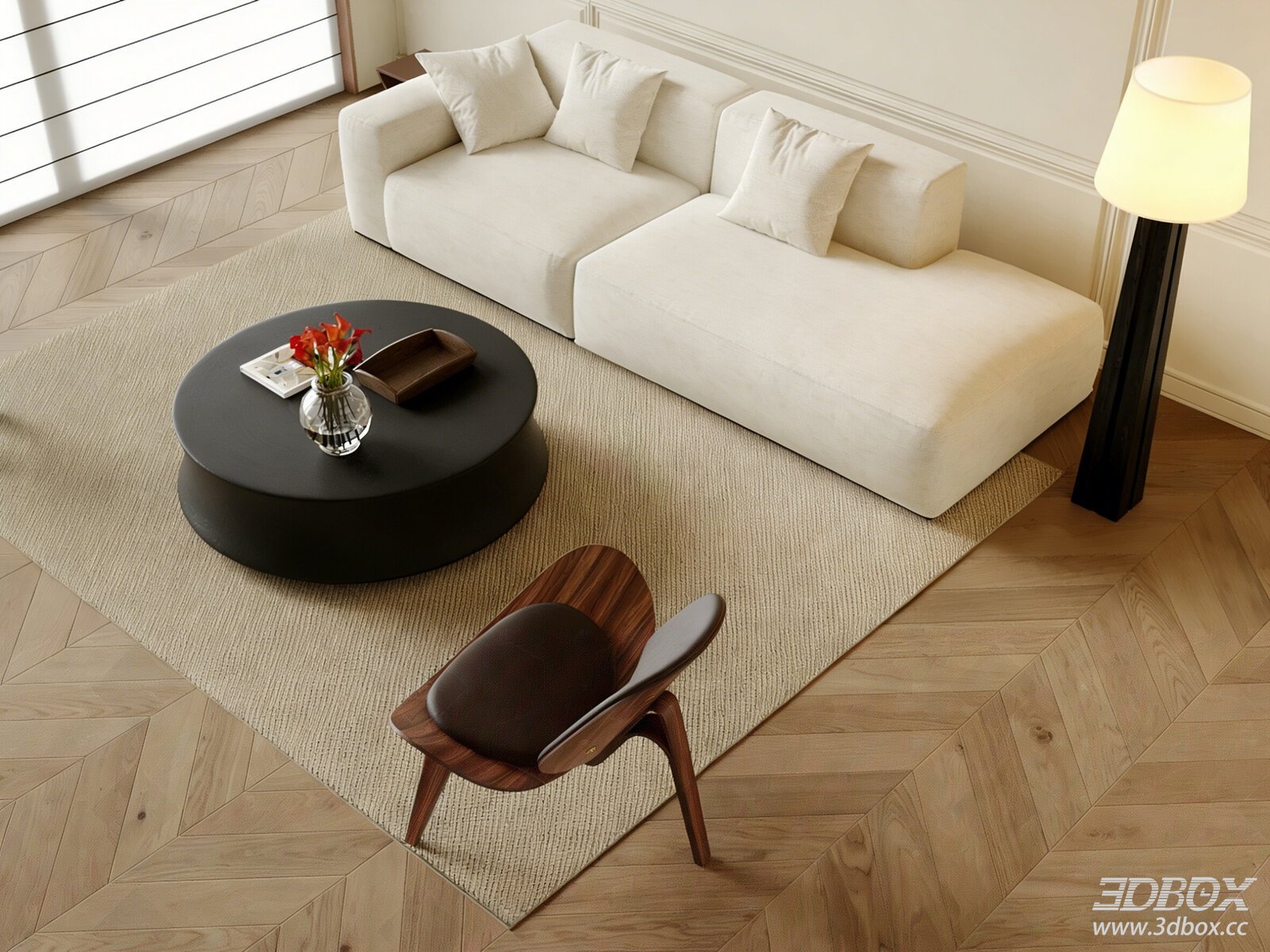 Mid-century Modern Living Room Sofa Set 3D model - front view