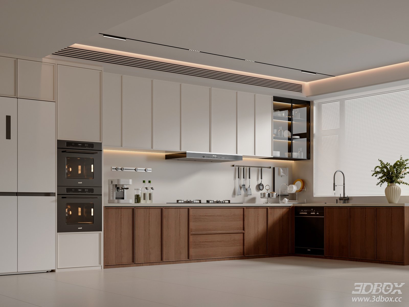 Mid-Century Modern Open Kitchen Scene 3D model - front view
