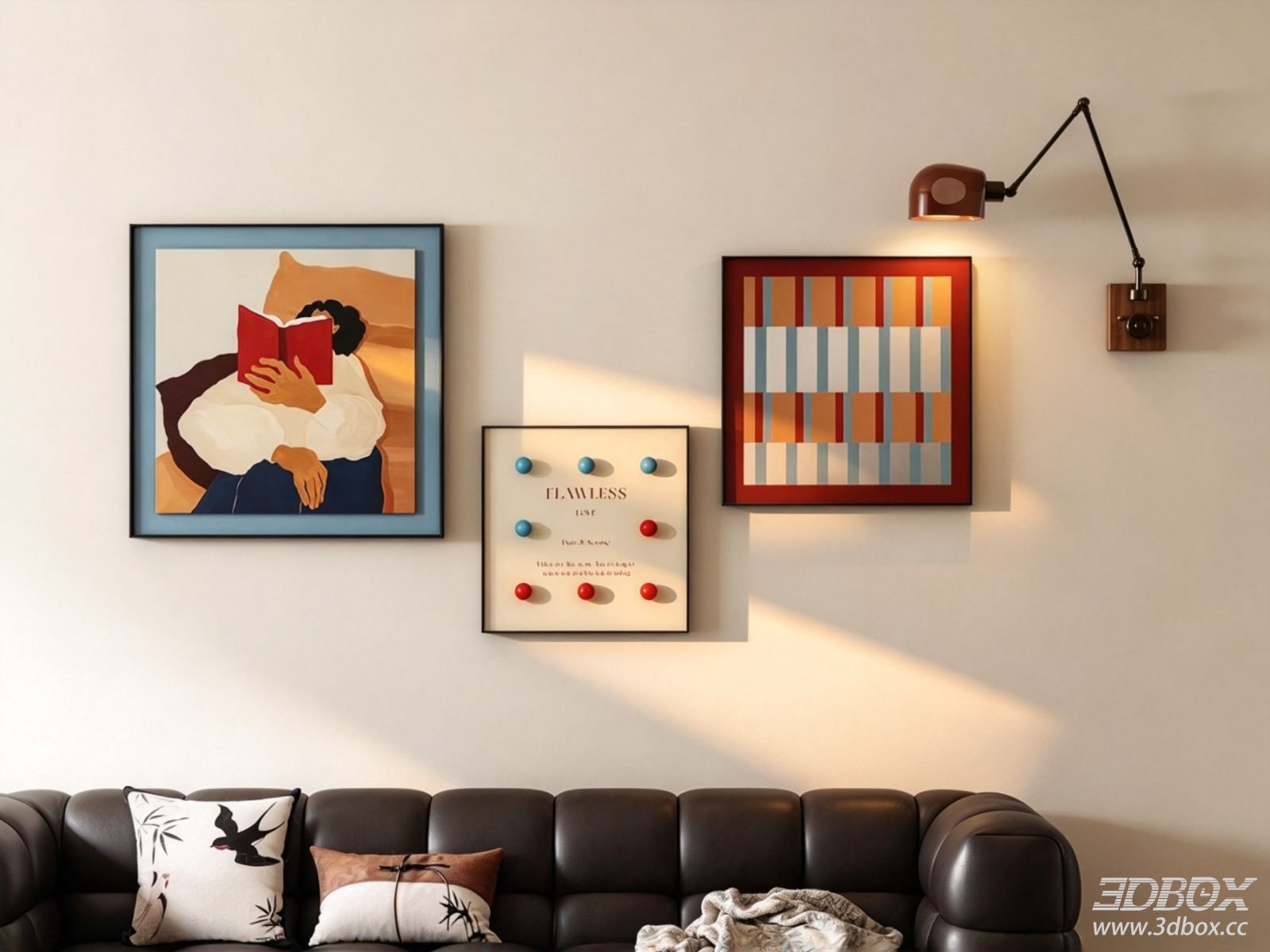 Mid Century Decorative Framed Painting Set 3D model - front view