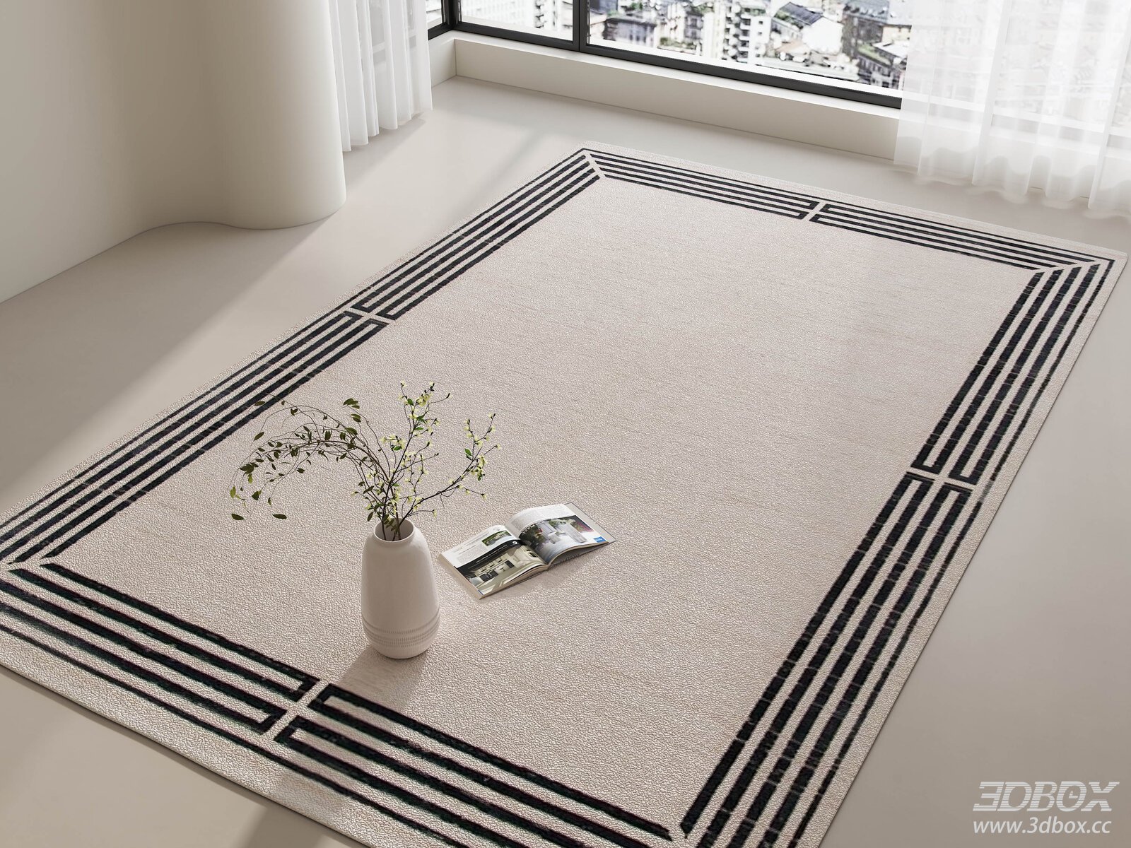 Mid Century Wabi Sabi Cream Geometric Carpet for Living Room 3D model - front view